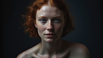 a young woman with a short red hair and blue eyes with freckles, beauty concept