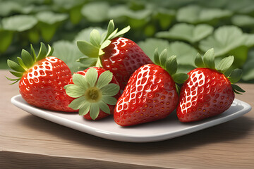 Pile of Strawberries on Table with Strawberry Field Background