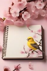 Bird and book on the wooden table with blossom flower background.