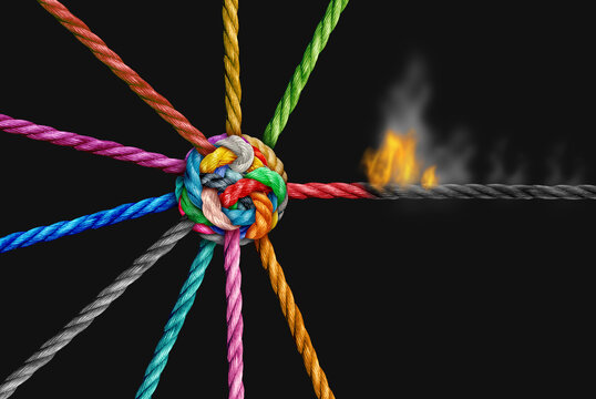 Destructive Team Threat and network security concept or group risk  liability as one partner symbol endangering and sabotaging the vulnerable united members as a detriment to teamwork undermining unit