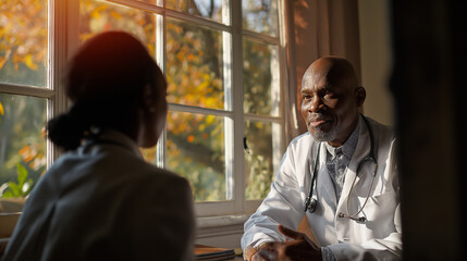 American -African adult Doctor consult with patient and sitting near the window and copyspace autumn light background Generative AI