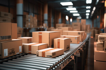 Cardboard boxes of different sizes on a conveyor belt in a shipping company, shipping business concept photo