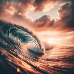 stunning tube or barrell wave in the ocean at sunset or sunrise