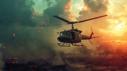 a armored helicopter flying and shooting on a battle field in a war. bombs and explosions in the background. fire smoke and ash everywhere. pc desktop wallpaper background. 16:9, 4k - obrazy, fototapety, plakaty