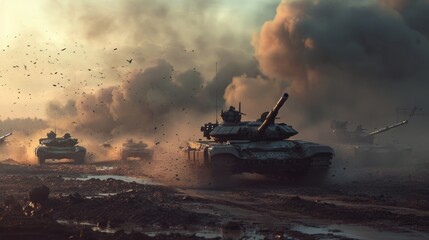 a armored tank shooting of a battle field in a war. bombs and explosions in the background. fire...