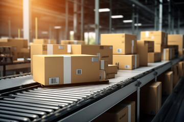 Cardboard boxes of different sizes on a conveyor belt in a shipping company, shipping business concept photo
