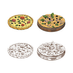 Hand-drawn colored and monochrome sketches of vegetarian pizza on a wooden plate and pizza Margherita isolated on white background. Fast food vintage illustration. Great for menu, posters.