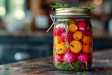 A jar of pickled baby carrots and radishes, their vibrant colors and crunchy textures arranged in an eye-catching pattern against a serene and calming background. - obrazy, fototapety, plakaty