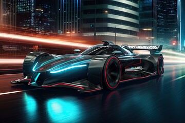 An electric Racing Car driving through a futuristic city at night created with Generative AI Technology