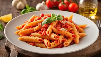 A plate of pasta with tomato sauce, garnished with basil, sits on a wooden table. Surrounding the plate are garlic bulbs, a lemon wedge, a glass of wine, and a bottle of oil.