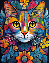 cat  bright colorful and vibrant poster illustration - 708295061
