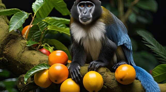 Captivating Roloway Monkey Guarding Golden Fruits: A Striking Portrait of Primate Intelligence and Vibrant Jungle Life