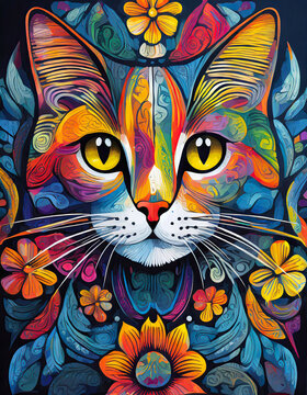 cat  bright colorful and vibrant poster illustration