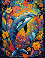 dolphin bright colorful and vibrant poster illustration