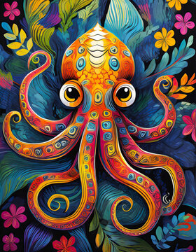 octopus bright colorful and vibrant poster illustration