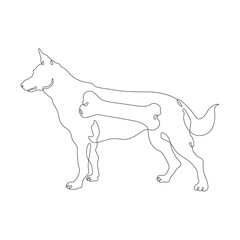 A dog with a bone inside. Dog silhouette side view. Sugar bone for dog. Bone inside the dog. Double exposure. Picture in picture.Continuous one line drawing. Lineart vector illustration.