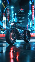 An electric Electric Bicycle driving through a futuristic city at night created with Generative AI Technology