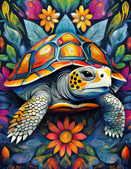 turtle bright colorful and vibrant poster illustration