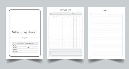 Fototapeta na wymiar Editable Safecare Log Planner Kdp Interior printable template Design.