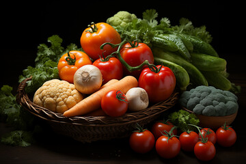 Vegetables in basket on wooden table with dark background.