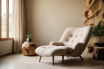 A plush fabric lounge chair, surrounded by the natural beauty of a wooden stump side table and a beige stucco wall.