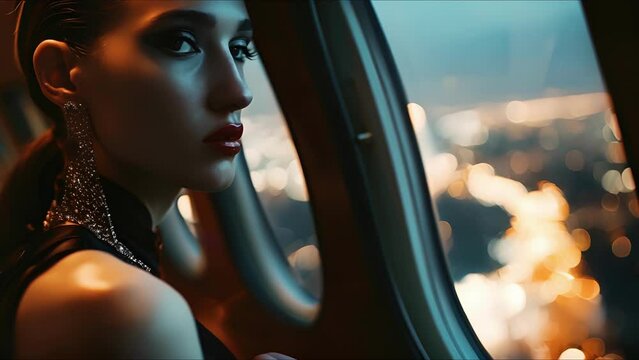 The ultimate combination of haute couture and highflying luxury, a fashion model strikes a fierce pose against the urban skyline visible through the private jets window.