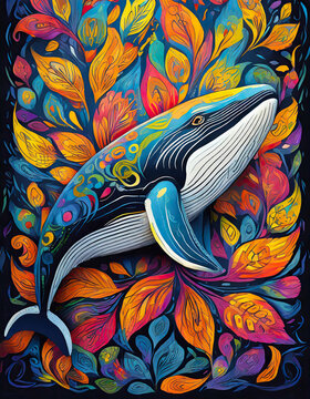 whale bright colorful and vibrant poster illustration