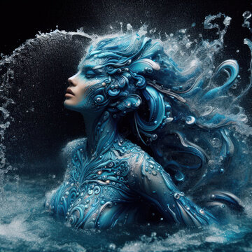 beautiful female fantasy water elemental demon or sea goddess emerges from the ocean