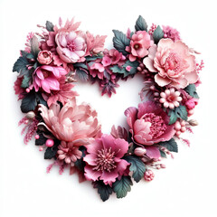 illustration of a pink heart shaped floral wreath - 708297851