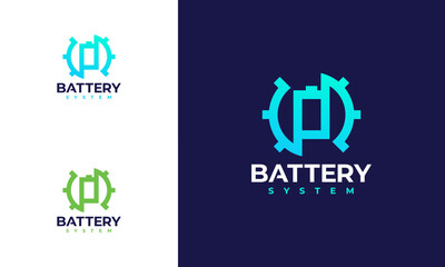 Battery System logo designs concept vector, battery with gear logo template - obrazy, fototapety, plakaty