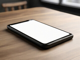 Mockup image of smartphone with blank white screen on wooden table. Created using generative AI tools