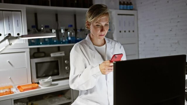 A focused woman scientist using a smartphone in a modern laboratory setting.