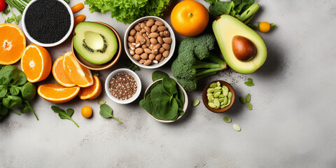 Healthy food clean eating fruit, vegetable, seeds, superfood, cereals, leaf vegetable on black wood background.AI Generative