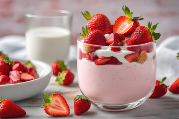Healthy breakfast of strawberry parfaits made with fresh fruit