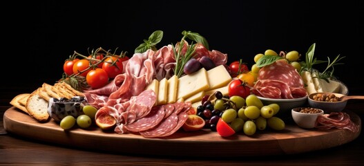 Gourmet charcuterie board with assorted cheeses and deli meats. Gourmet dining and catering.