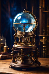 Fototapeta na wymiar Vintage crystal globe with gears and cogwheels on a dark background