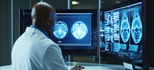 Medical professional analyzing brain scans on high-tech digital monitors. Medical technology and research.