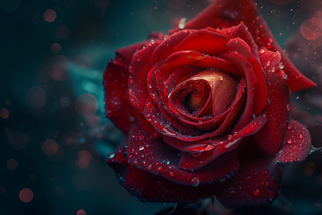 A solitary red rose unfurls, glistening with diamond dewdrops, against a dreamy bokeh whisper. valentine day card, wallpaper concept. 