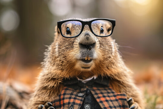 Photograph of a groundhog dressed up for Groundhog Day with glasses and coat
