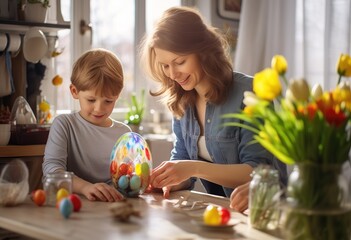 happy beautiful mother and little boy decorating easter egg 