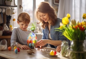 Fototapeta premium happy beautiful mother and little boy decorating easter egg 