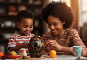Fototapeta premium happy beautiful mother and little boy decorating easter egg 