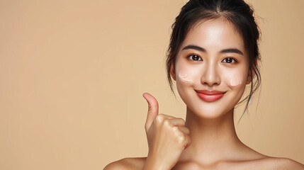 potrait of smiling asian woman using skincare product.