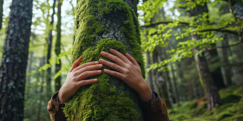Hands hugginf big tree with green moss in forest. People protect pollution and climate change, Nature protection, Environmental conservation - obrazy, fototapety, plakaty