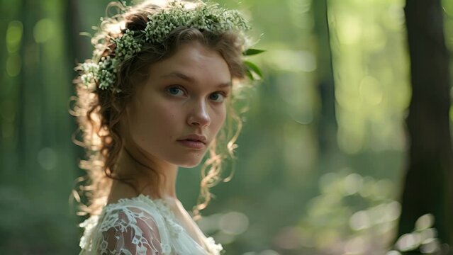The forests deep greens and browns provide a stunning contrast to the models porcelain skin and ethereal white dress, making her appear as a fairy queen of the woods.