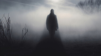 A mysterious man wearing a long trench coat in the fog. - obrazy, fototapety, plakaty