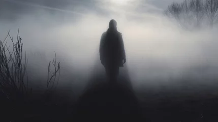 Fotobehang A mysterious man wearing a long trench coat in the fog. © Dorido