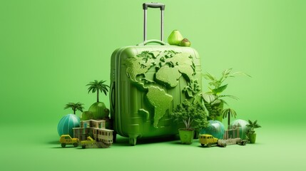 Sustainable tourism ecotourism green travel solid color background - obrazy, fototapety, plakaty