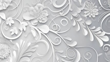 Fototapeta na wymiar a white background with floral motifs, in the style paper cut art, spirals and curves, light gray and white, vectorial art, in the style flat colors, generative ai