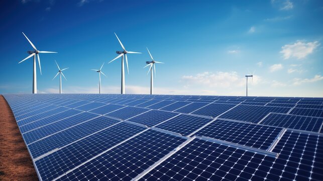 Renewable energy solar panels wind turbines solid color background